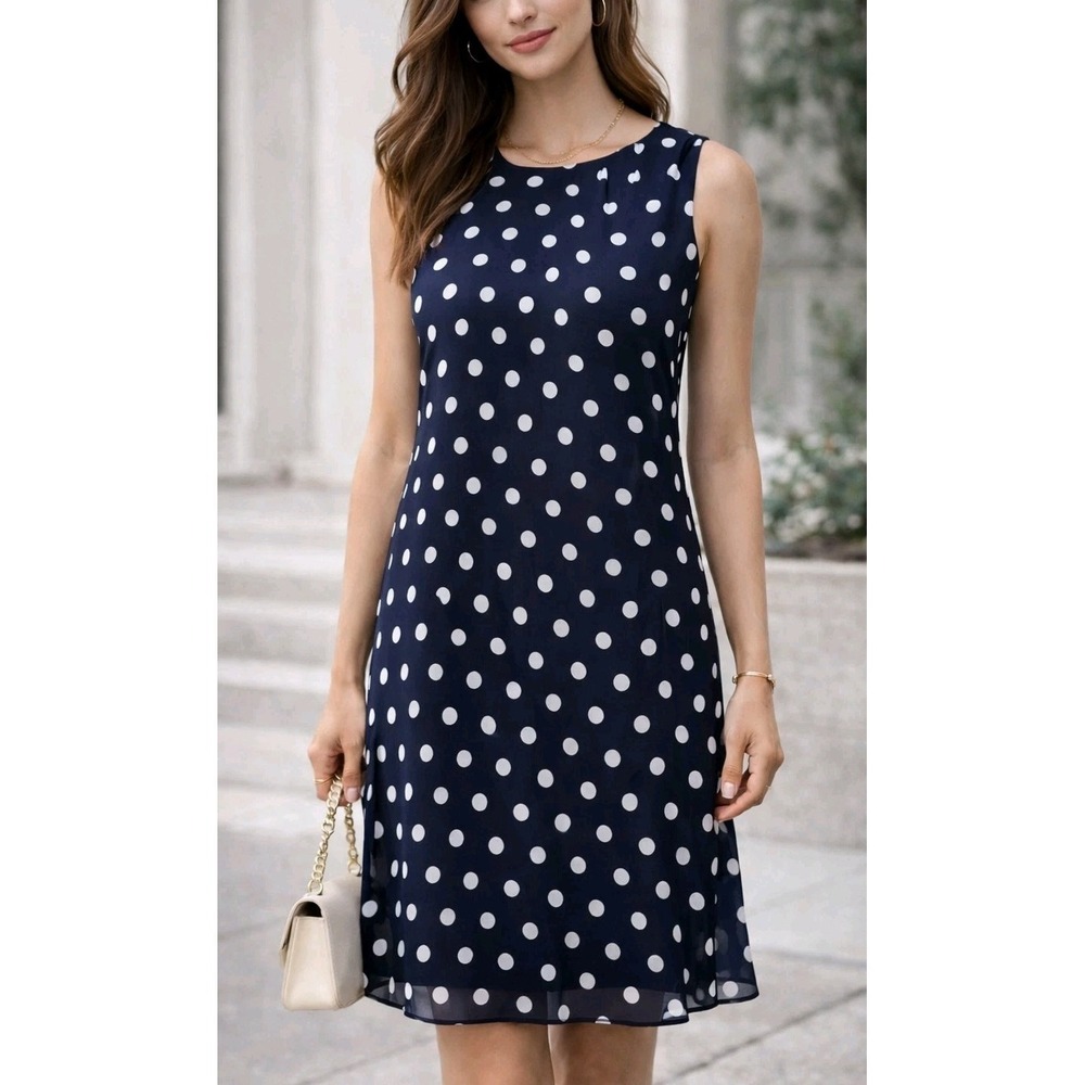 Lauren‎ Ralph Lauren Polka Dot Dress Size 2 Navy Sleeveless Chiffon Classic